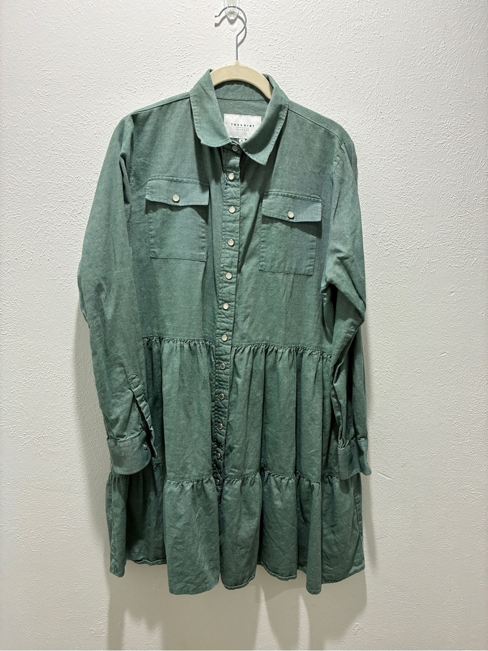 The Shirt by Rochelle Behrens Sage Green Tiered Mini Dress
